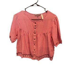 Chemistry Women's Pink Striped Button Down Size Small Boho‎ Embroidered Hem